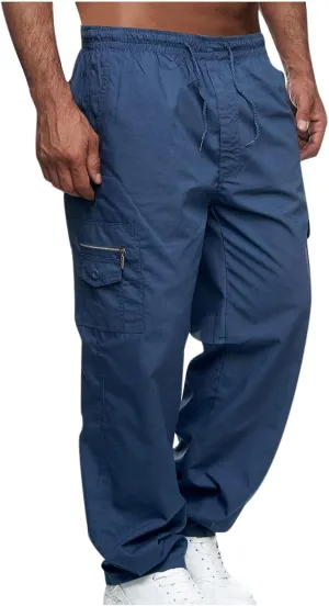 Muscularfit Mens Pants Drawstring Elastic Waist Quick Dry Solid Sport Cargo Pants Casual Loose Multi Pockets Sweatpants