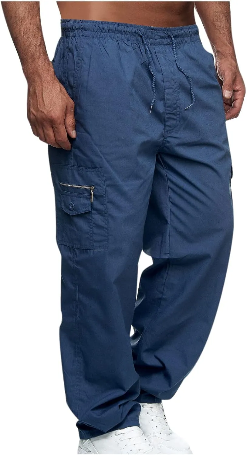 Muscularfit Mens Pants Drawstring Elastic Waist Quick Dry Solid Sport Cargo Pants Casual Loose Multi Pockets Sweatpants