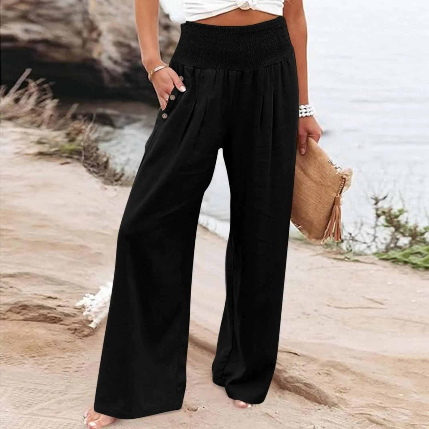 Mzkdieey Women Cotton Linen Palazzo Pants Summer Wide Leg Smocked High Waist Casual Lounge Pant Beach Travel Vacation Outfits