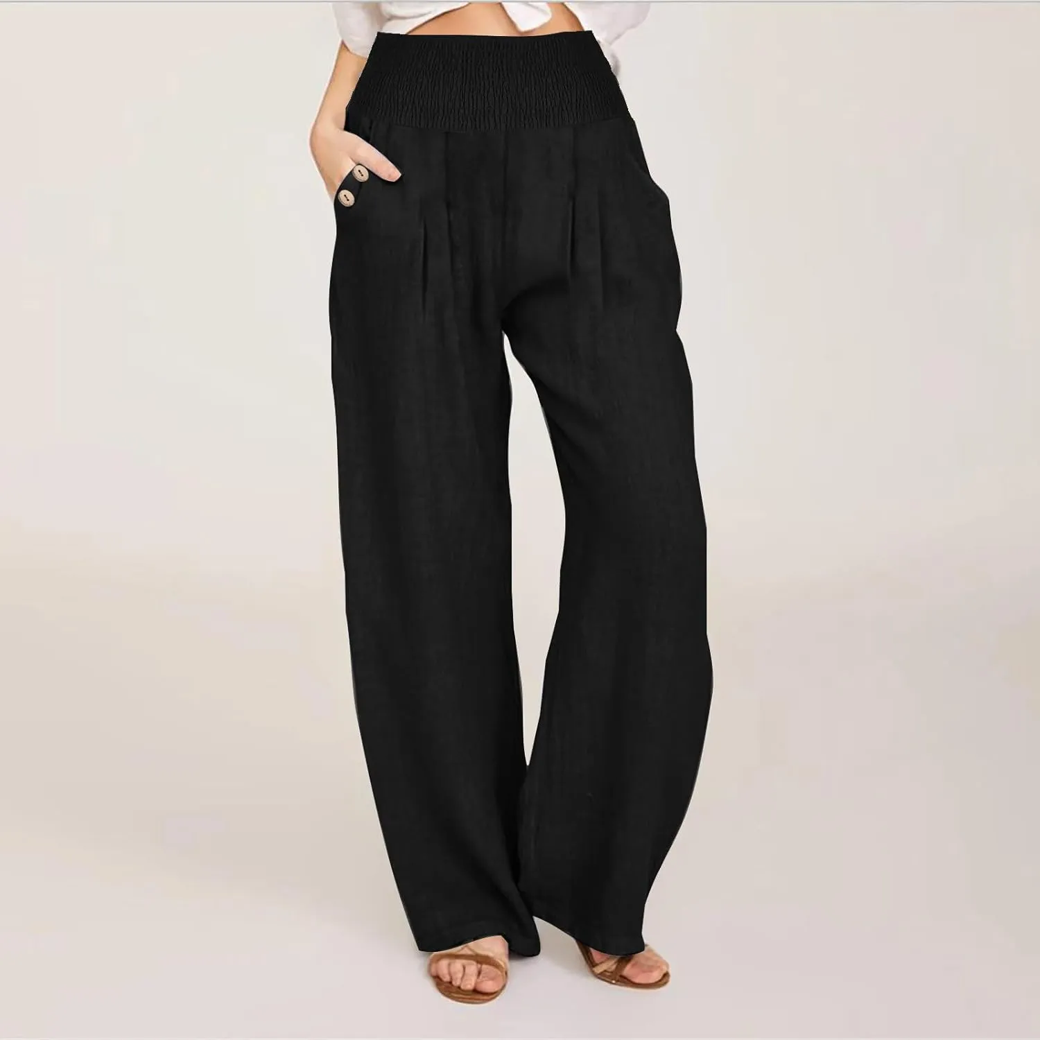 Mzkdieey Women Cotton Linen Palazzo Pants Summer Wide Leg Smocked High Waist Casual Lounge Pant Beach Travel Vacation Outfits