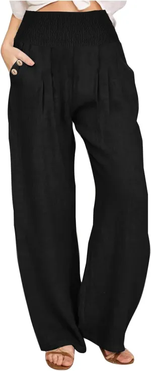 Mzkdieey Women Cotton Linen Palazzo Pants Summer Wide Leg Smocked High Waist Casual Lounge Pant Beach Travel Vacation Outfits