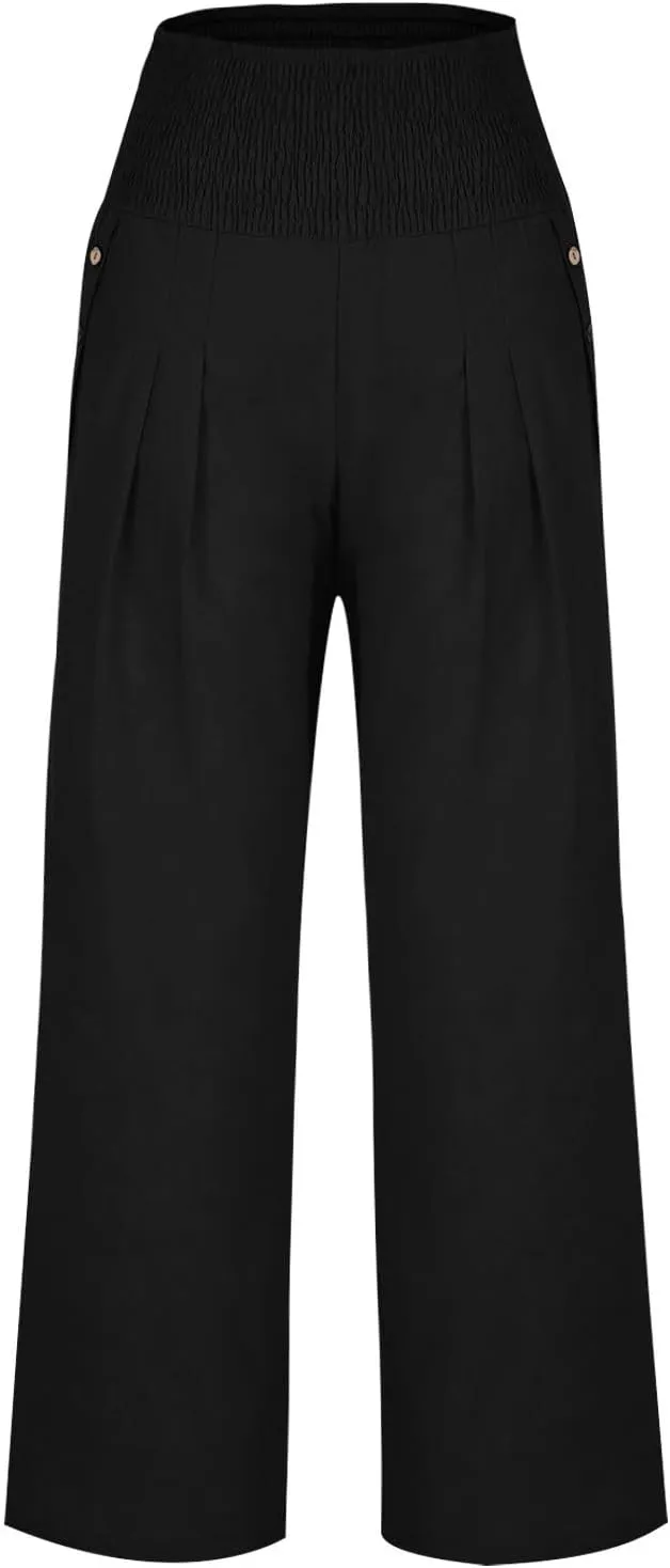 Mzkdieey Women Cotton Linen Palazzo Pants Summer Wide Leg Smocked High Waist Casual Lounge Pant Beach Travel Vacation Outfits