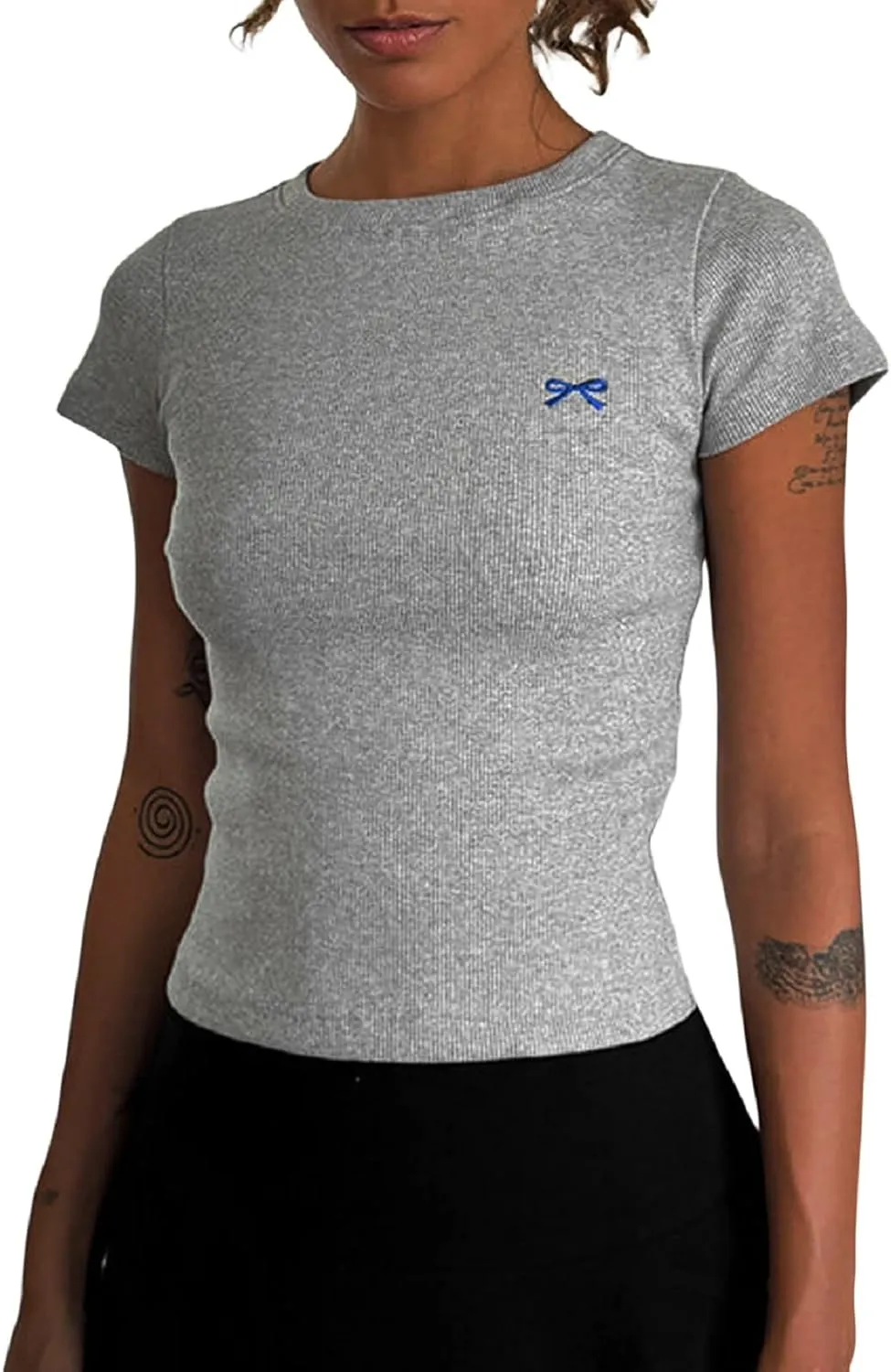 NUFIWI Womens Short Sleeve Graphic Baby Tees Y2k Bow Print T Shirt Crop Top E Girls Cute Aesthetic Clothes Summer