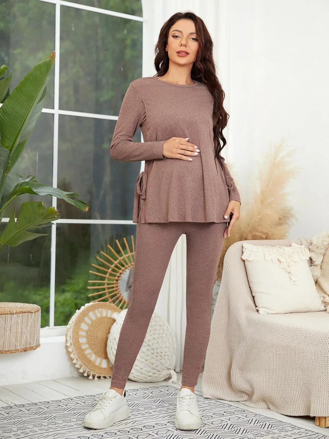 OYOANGLE Women's Maternity Rib Knit Round Neck Knot Side Tee Tops and Leggings Pants Sets