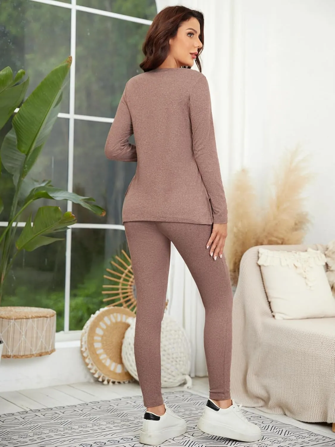 OYOANGLE Women's Maternity Rib Knit Round Neck Knot Side Tee Tops and Leggings Pants Sets