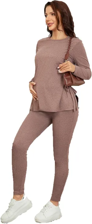 OYOANGLE Women's Maternity Rib Knit Round Neck Knot Side Tee Tops and Leggings Pants Sets