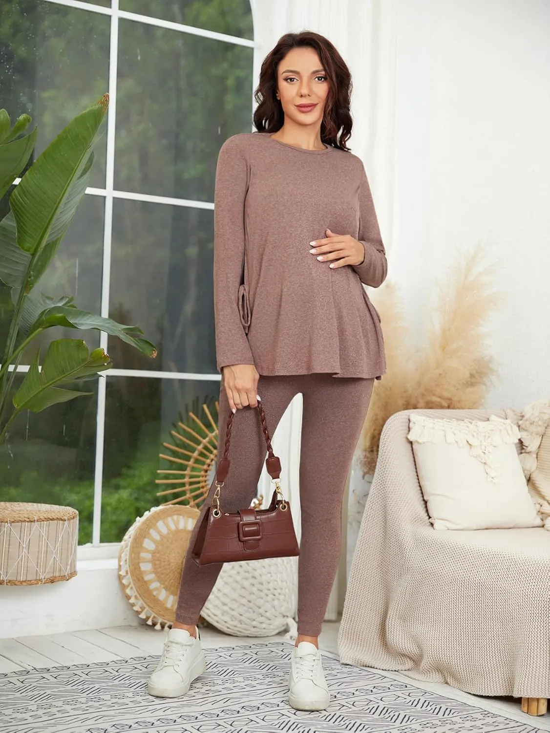 OYOANGLE Women's Maternity Rib Knit Round Neck Knot Side Tee Tops and Leggings Pants Sets