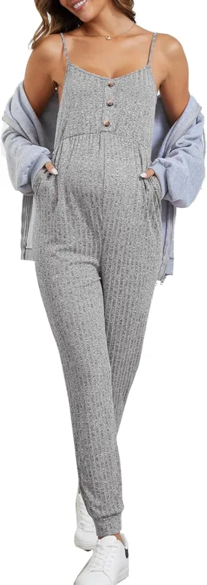 OYOANGLE Women's Maternity Ribbed Knit Cami Jumpsuit Button Spaghetti Strap Pregnancy Romper with Pockets