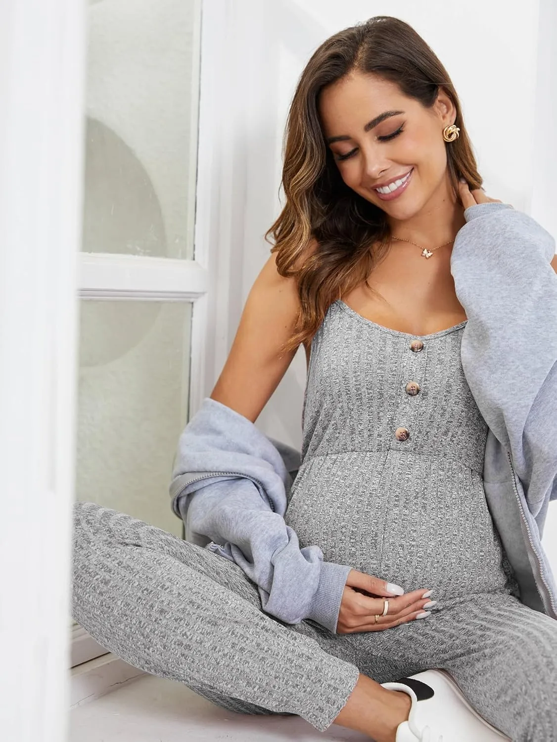 OYOANGLE Women's Maternity Ribbed Knit Cami Jumpsuit Button Spaghetti Strap Pregnancy Romper with Pockets