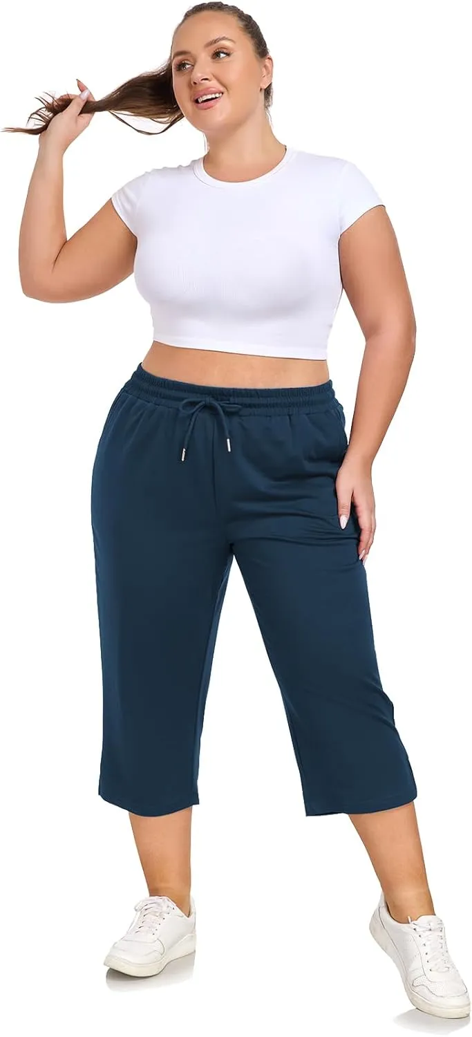 Plus Size Capri Pants for Women Loose Fit Yoga Pants with Pockets Workout Activewear Sweatpants