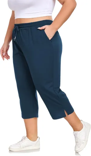Plus Size Capri Pants for Women Loose Fit Yoga Pants with Pockets Workout Activewear Sweatpants