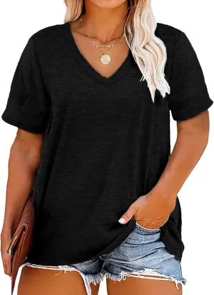 Plus Size V Neck T Shirts Women Short Sleeve Tops Casual Summer Tshirts Loose Fit Tee