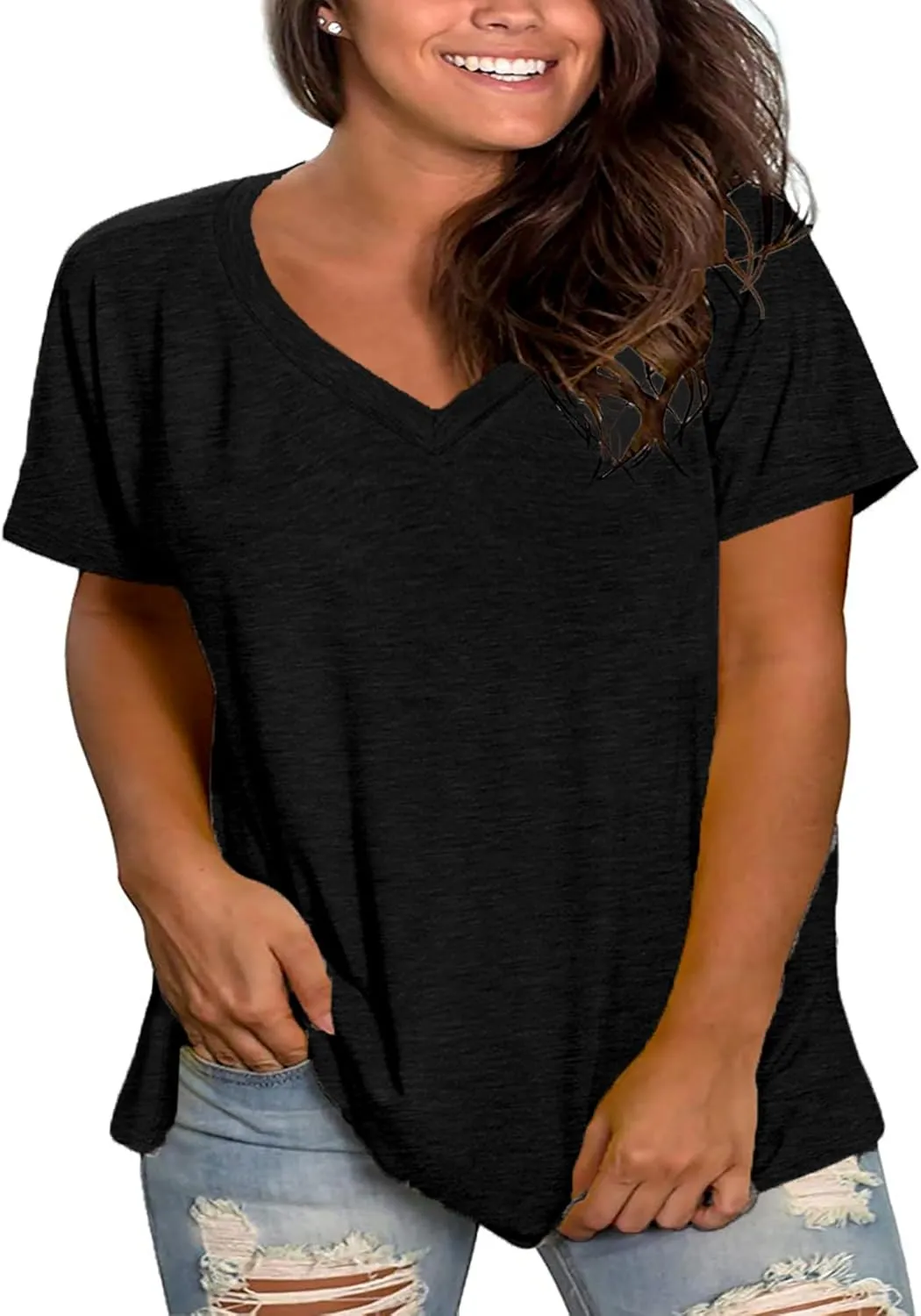Plus Size V Neck T Shirts Women Short Sleeve Tops Casual Summer Tshirts Loose Fit Tee