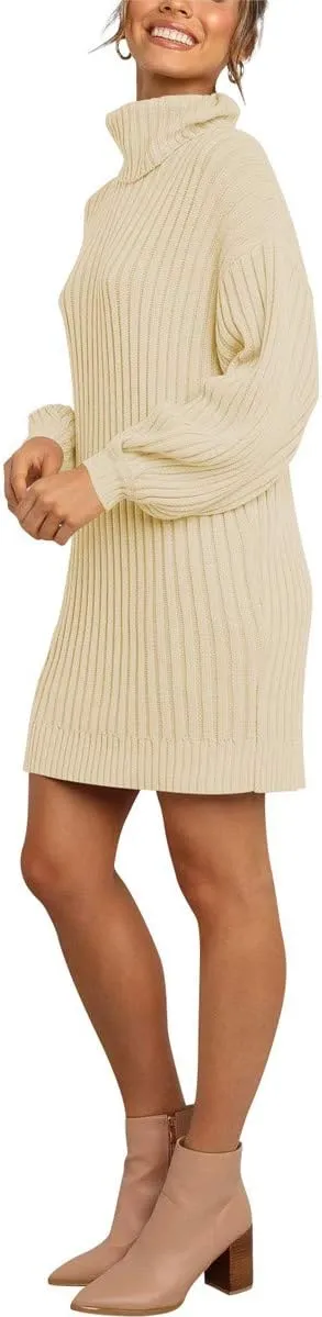 Prinbara Women Turtleneck Long Lantern Sleeve Casual Loose Oversized Sweater Dress Soft Winter Pullover Dresses