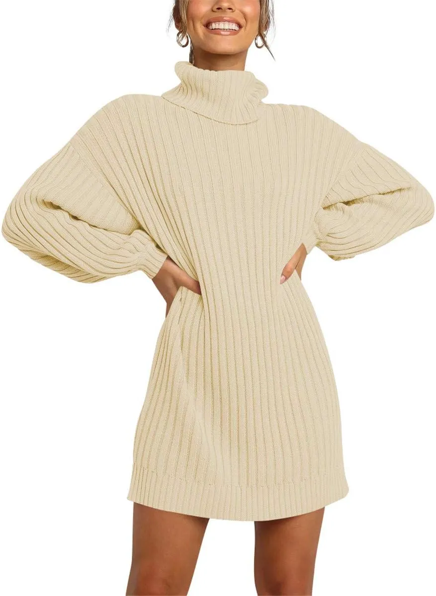 Prinbara Women Turtleneck Long Lantern Sleeve Casual Loose Oversized Sweater Dress Soft Winter Pullover Dresses