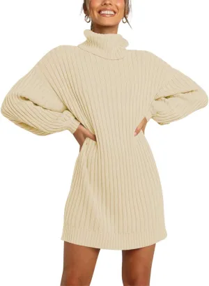 Prinbara Women Turtleneck Long Lantern Sleeve Casual Loose Oversized Sweater Dress Soft Winter Pullover Dresses
