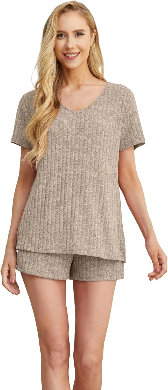 QIXING Womens Ribbed Knit Lounge Set Short Sleeve Top and Shorts Sleepwear Pajama Set Two Piece Shorts Outfits Set