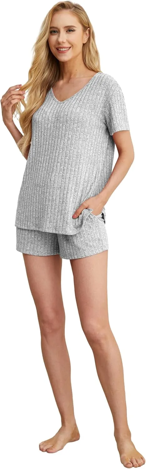 QIXING Womens Ribbed Knit Lounge Set Short Sleeve Top and Shorts Sleepwear Pajama Set Two Piece Shorts Outfits Set