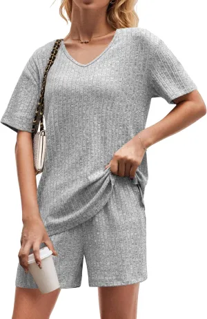 QIXING Womens Ribbed Knit Lounge Set Short Sleeve Top and Shorts Sleepwear Pajama Set Two Piece Shorts Outfits Set