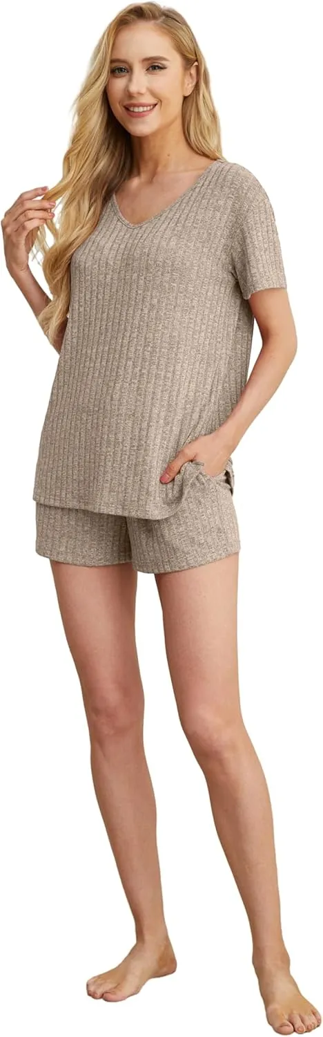 QIXING Womens Ribbed Knit Lounge Set Short Sleeve Top and Shorts Sleepwear Pajama Set Two Piece Shorts Outfits Set