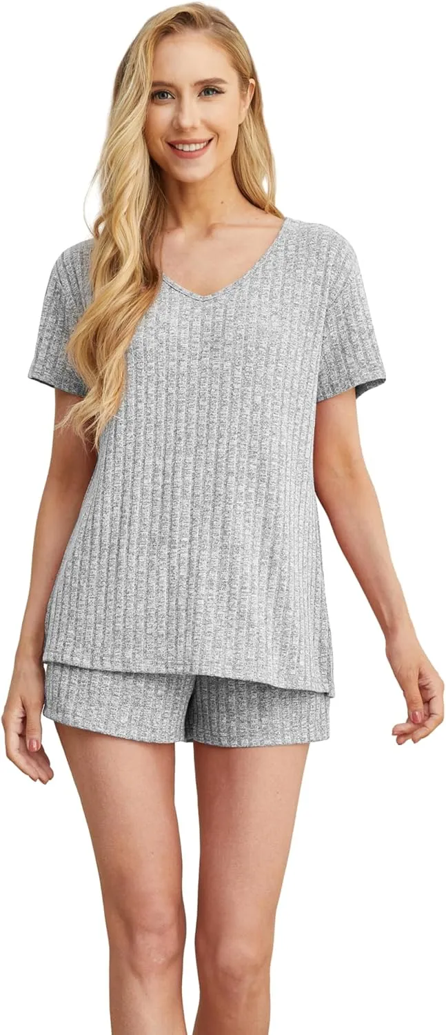 QIXING Womens Ribbed Knit Lounge Set Short Sleeve Top and Shorts Sleepwear Pajama Set Two Piece Shorts Outfits Set