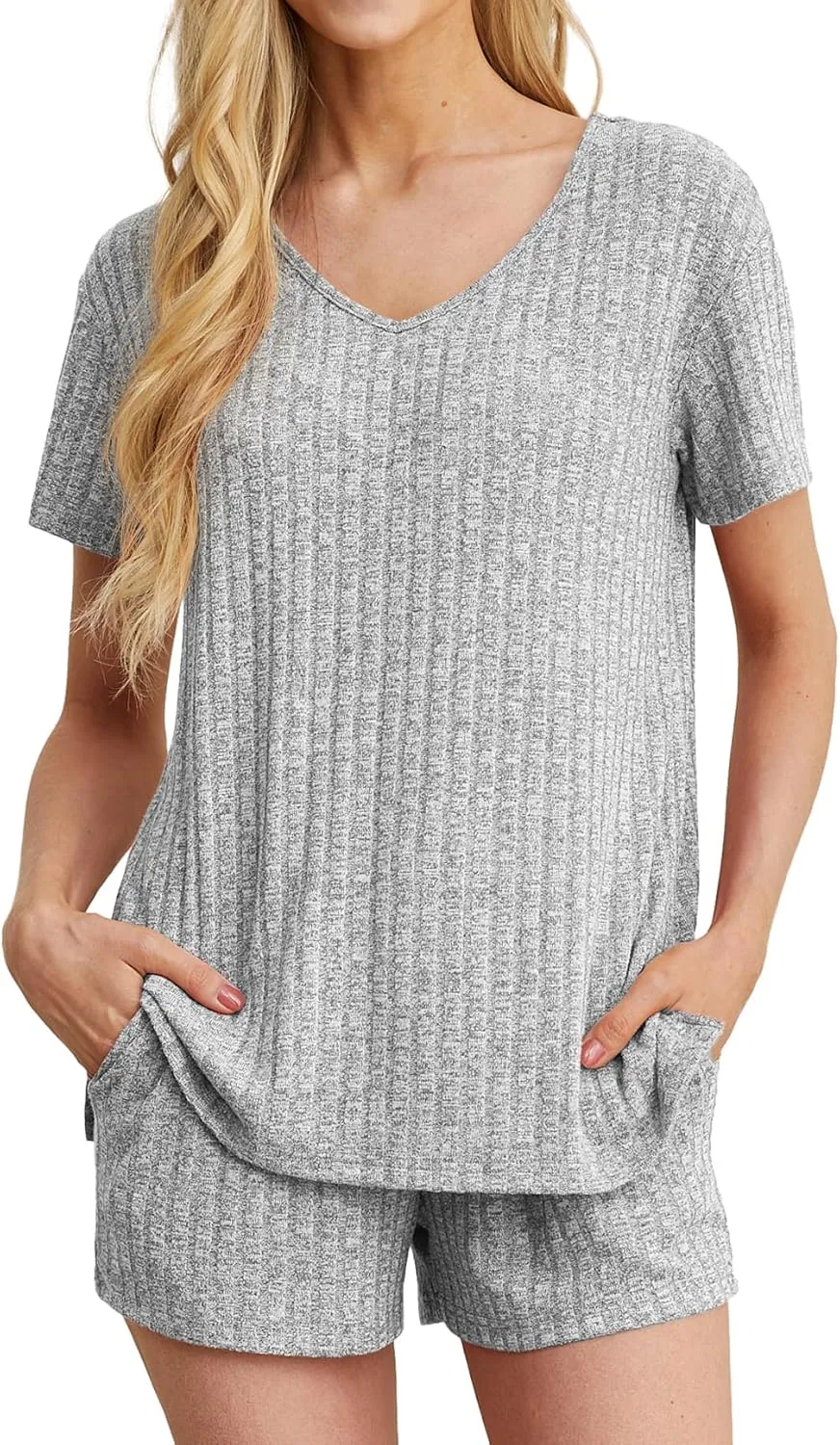 QIXING Womens Ribbed Knit Lounge Set Short Sleeve Top and Shorts Sleepwear Pajama Set Two Piece Shorts Outfits Set