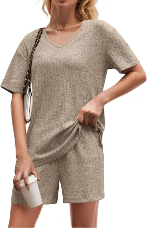 QIXING Womens Ribbed Knit Lounge Set Short Sleeve Top and Shorts Sleepwear Pajama Set Two Piece Shorts Outfits Set