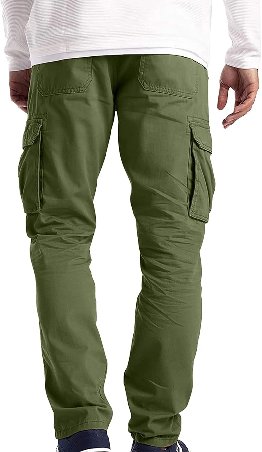 QWENTMTNTY Mens Cargo Pants Baggy Stretch Elastic Waist Straight Chino Pants Drawstring Casual Tactical Hiking Work Pants