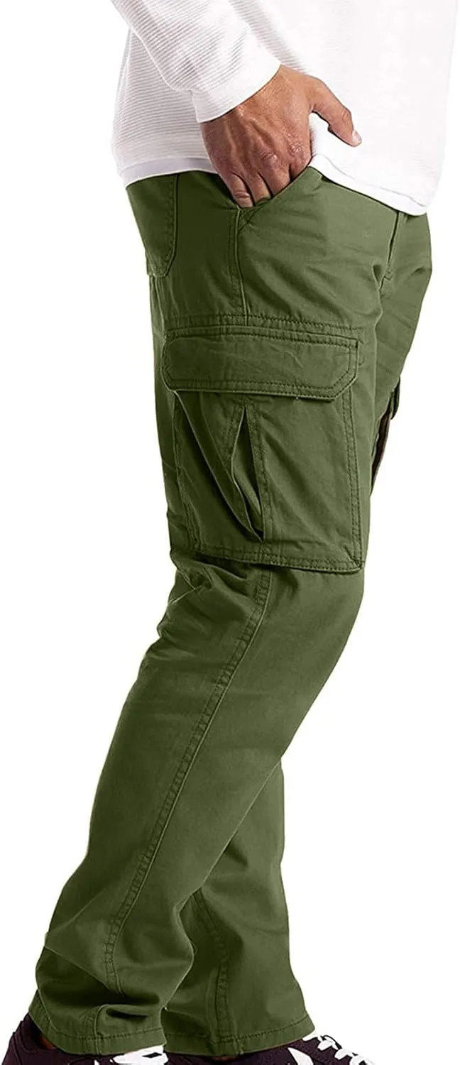 QWENTMTNTY Mens Cargo Pants Baggy Stretch Elastic Waist Straight Chino Pants Drawstring Casual Tactical Hiking Work Pants