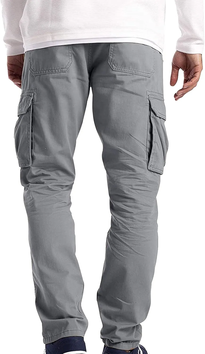 QWENTMTNTY Mens Cargo Pants Baggy Stretch Elastic Waist Straight Chino Pants Drawstring Casual Tactical Hiking Work Pants