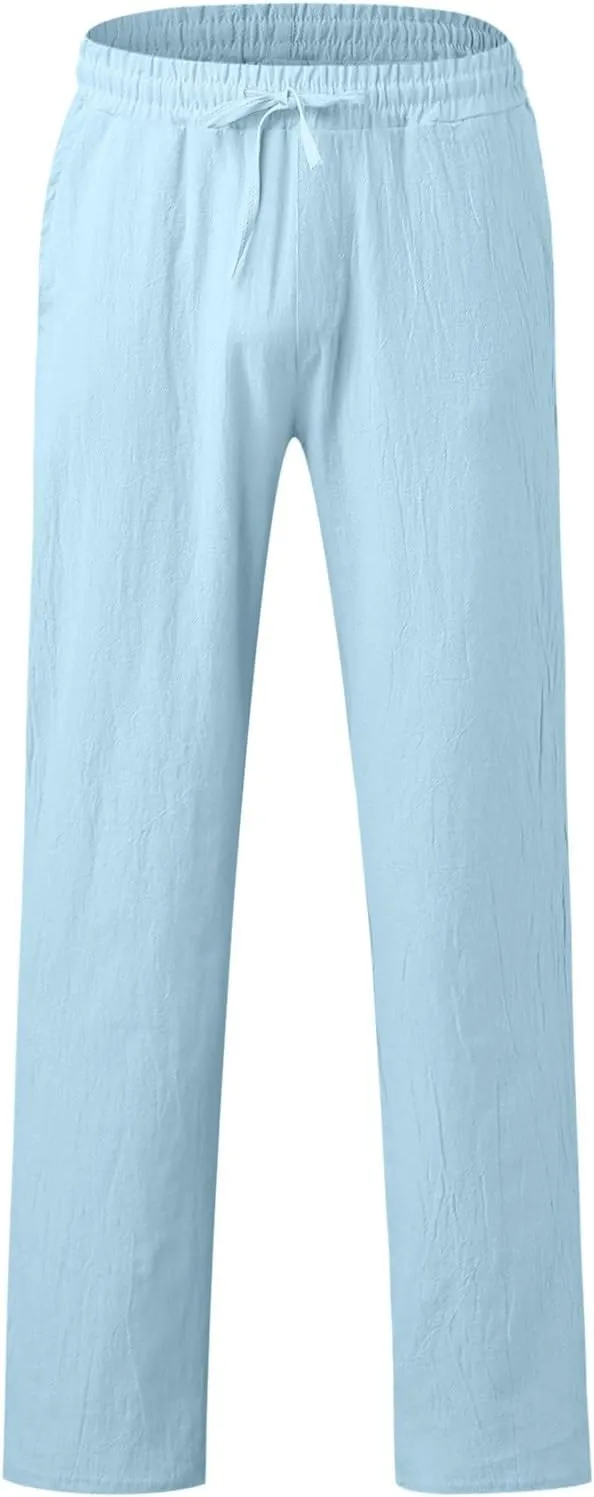 QWENTMTNTY Men's Elastic Waist Cotton Linen Pants Casual Summer Straight Leg Trousers Drawstring Stretch Beach Pants Slacks