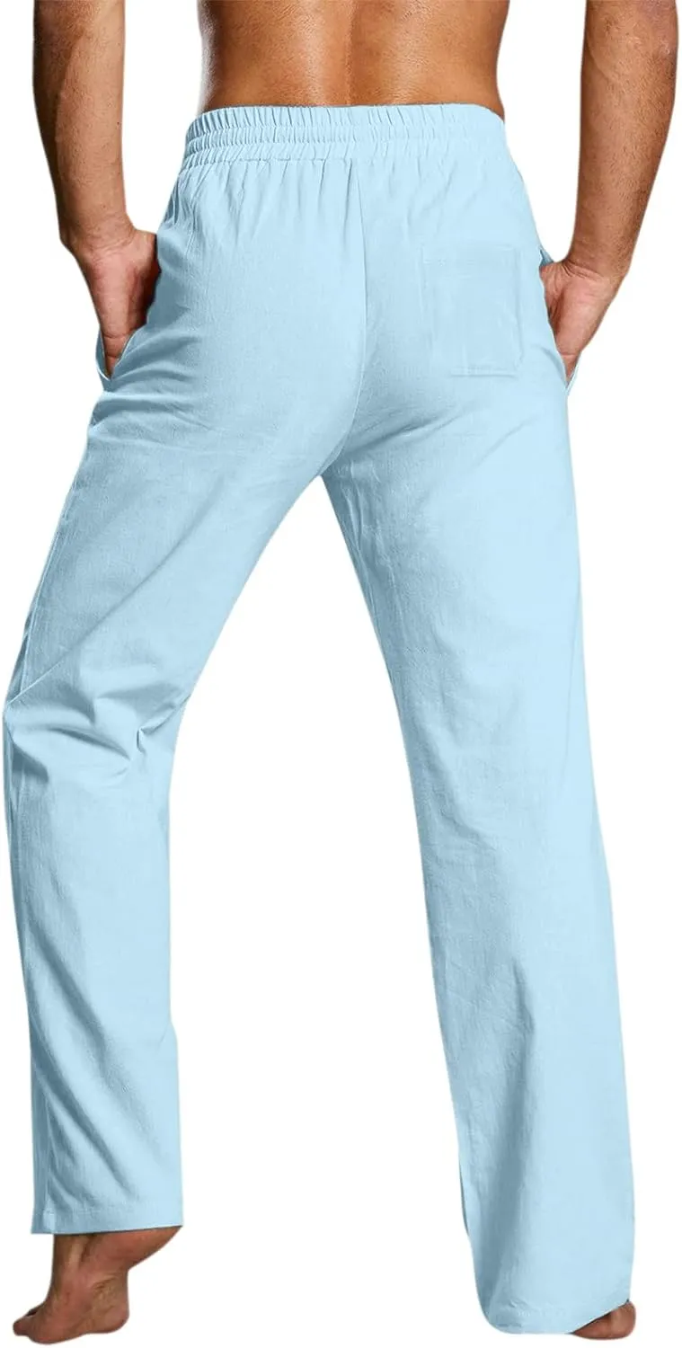 QWENTMTNTY Men's Elastic Waist Cotton Linen Pants Casual Summer Straight Leg Trousers Drawstring Stretch Beach Pants Slacks