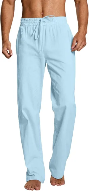 QWENTMTNTY Men's Elastic Waist Cotton Linen Pants Casual Summer Straight Leg Trousers Drawstring Stretch Beach Pants Slacks