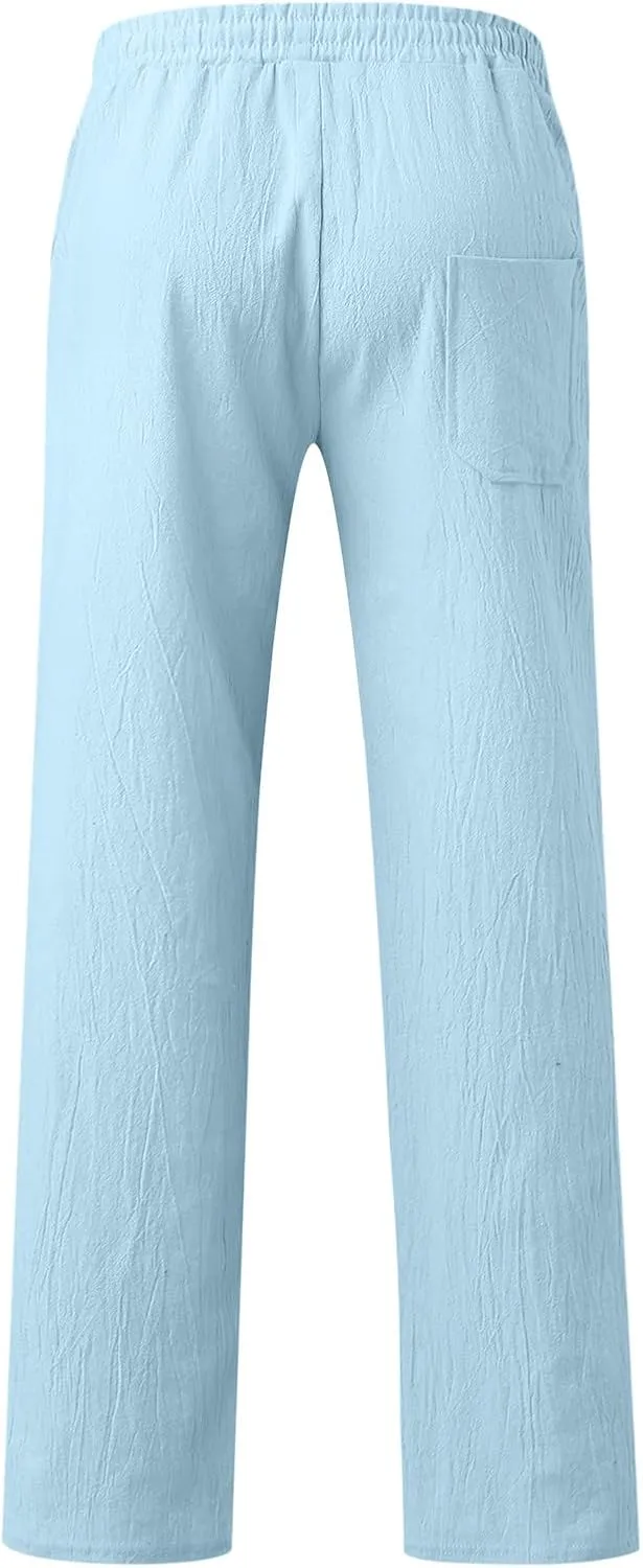 QWENTMTNTY Men's Elastic Waist Cotton Linen Pants Casual Summer Straight Leg Trousers Drawstring Stretch Beach Pants Slacks