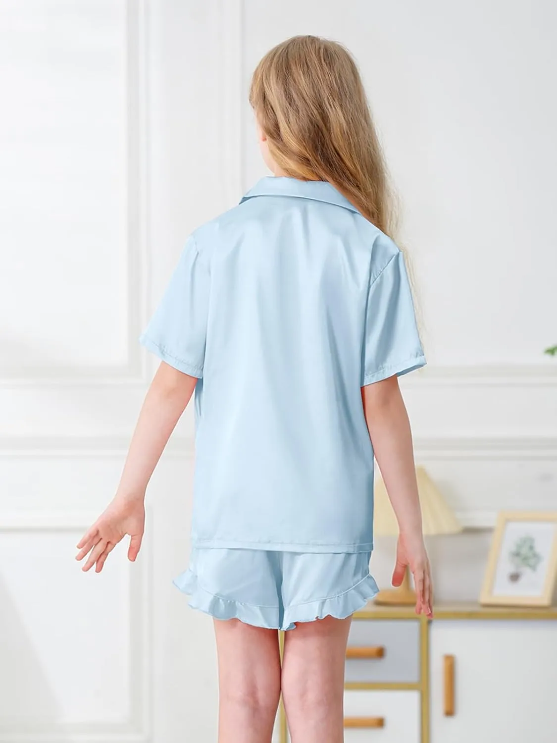 QZH.DUAO Girls Satin Pajamas Set Button Down Silk 2 Piece Pj Sets Ruffle Short Sleeve Sleepwear
