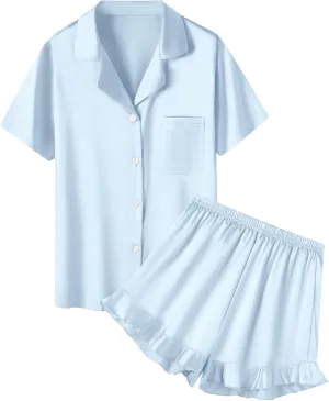 QZH.DUAO Girls Satin Pajamas Set Button Down Silk 2 Piece Pj Sets Ruffle Short Sleeve Sleepwear