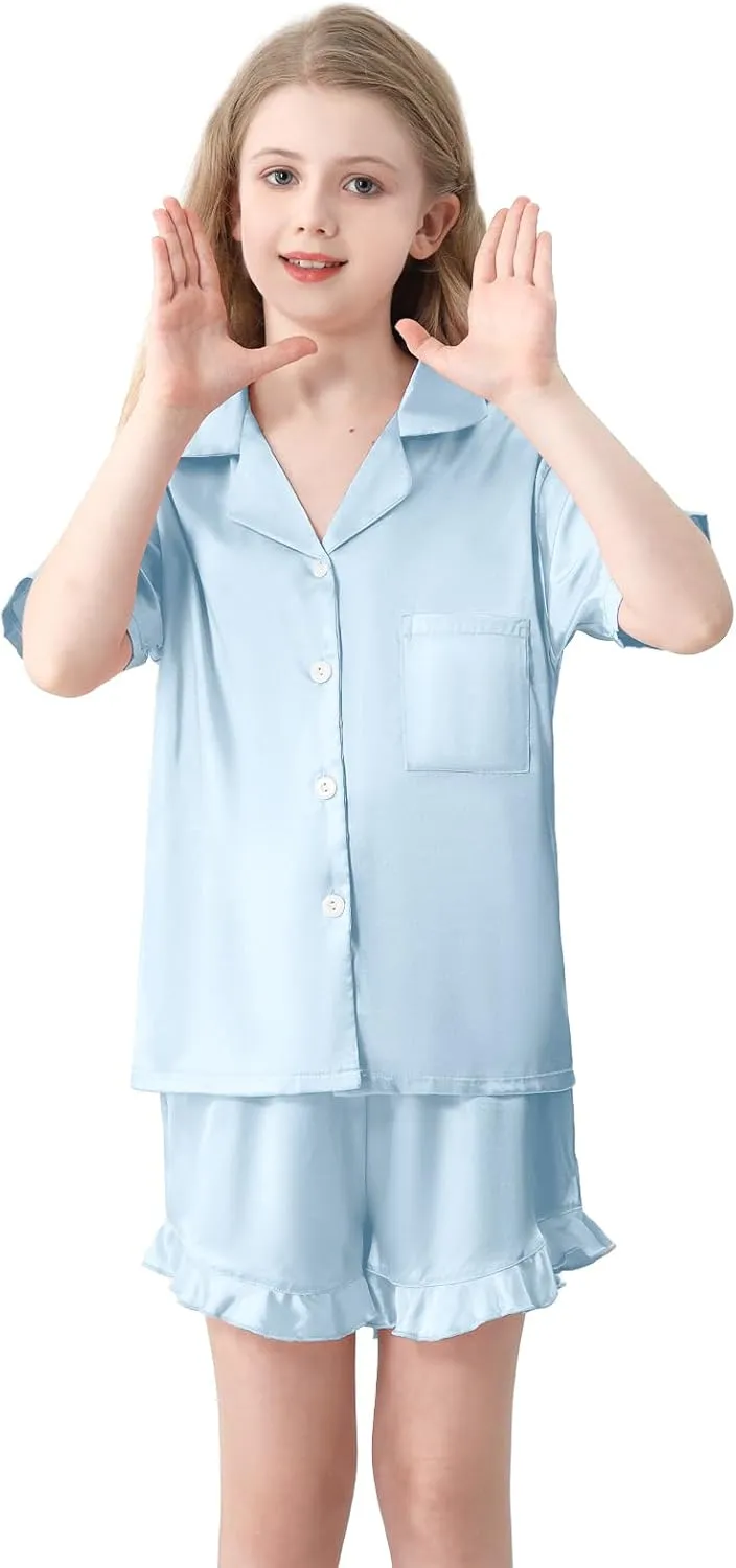 QZH.DUAO Girls Satin Pajamas Set Button Down Silk 2 Piece Pj Sets Ruffle Short Sleeve Sleepwear