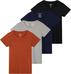 Real Essentials 4 Pack: Women's Classic-Fit Cotton Short-Sleeve Scoop Crew Neck T-Shirt (Available in Plus Size)