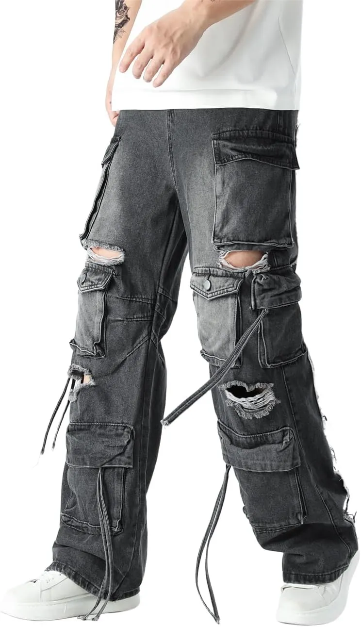 Rexcyril Men's Baggy Ripped Jeans Distressed Hip Hop Wide Leg Loose Fit Multi-Pocket Cargo Denim Pants