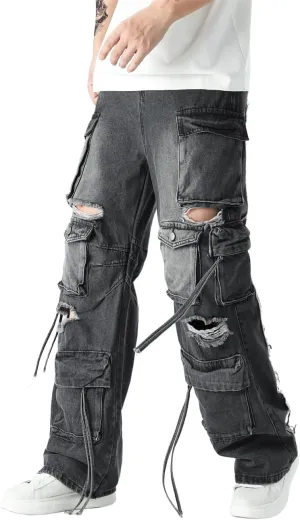Rexcyril Men's Baggy Ripped Jeans Distressed Hip Hop Wide Leg Loose Fit Multi-Pocket Cargo Denim Pants
