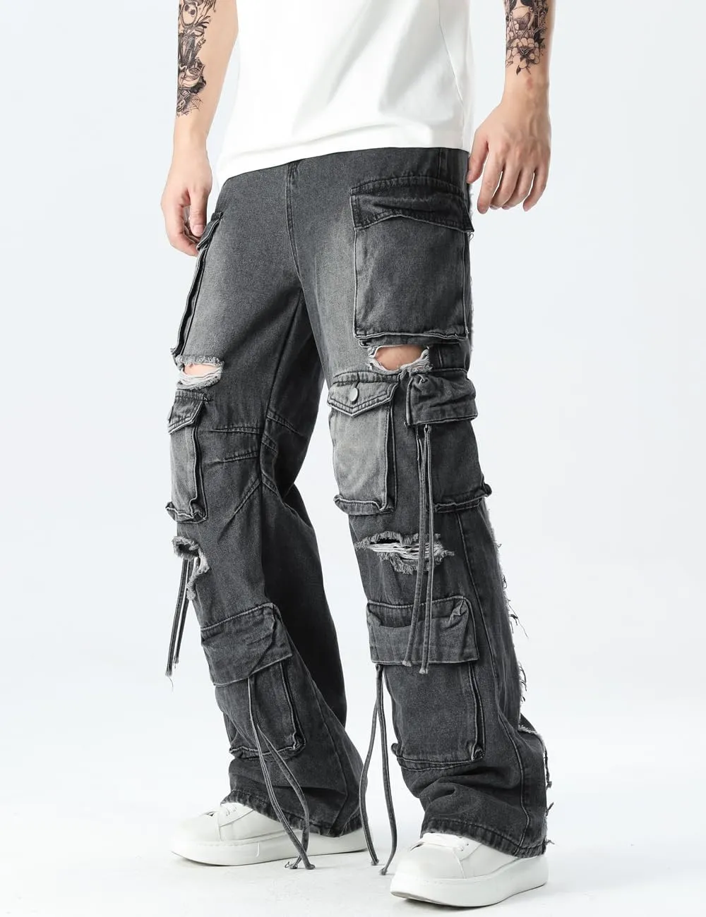 Rexcyril Men's Baggy Ripped Jeans Distressed Hip Hop Wide Leg Loose Fit Multi-Pocket Cargo Denim Pants