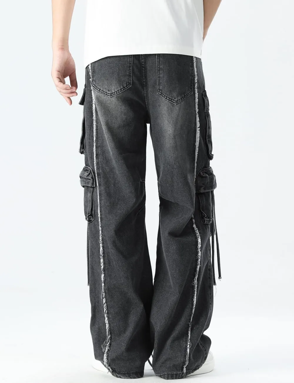 Rexcyril Men's Baggy Ripped Jeans Distressed Hip Hop Wide Leg Loose Fit Multi-Pocket Cargo Denim Pants