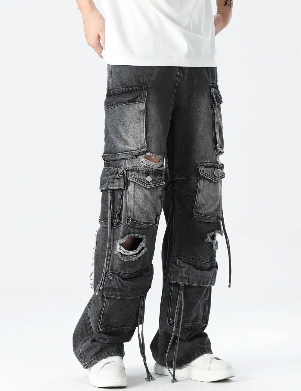 Rexcyril Men's Baggy Ripped Jeans Distressed Hip Hop Wide Leg Loose Fit Multi-Pocket Cargo Denim Pants