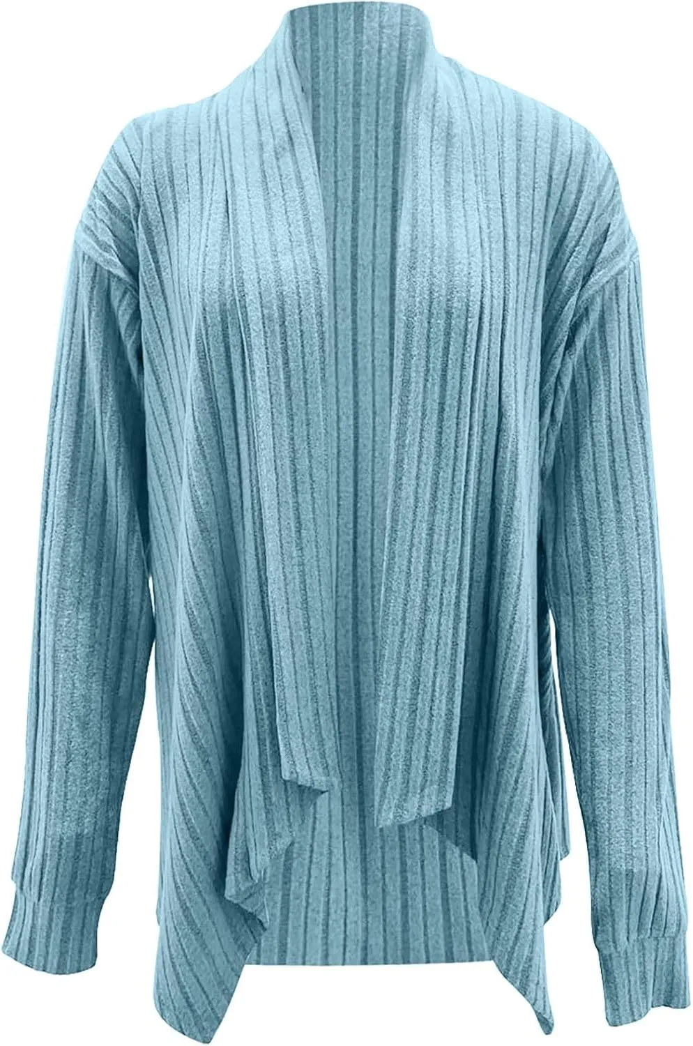 Ribbed Cardigan Women Dressy Irregular Hem Long Sleeve Striped Knit Sweater Open Front Loose Outerwear Loungewear