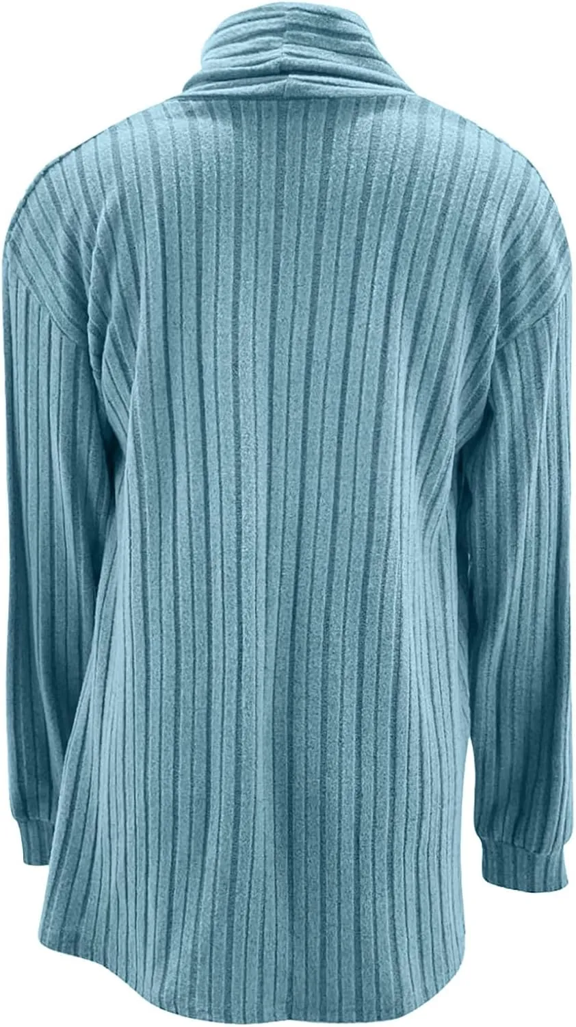 Ribbed Cardigan Women Dressy Irregular Hem Long Sleeve Striped Knit Sweater Open Front Loose Outerwear Loungewear