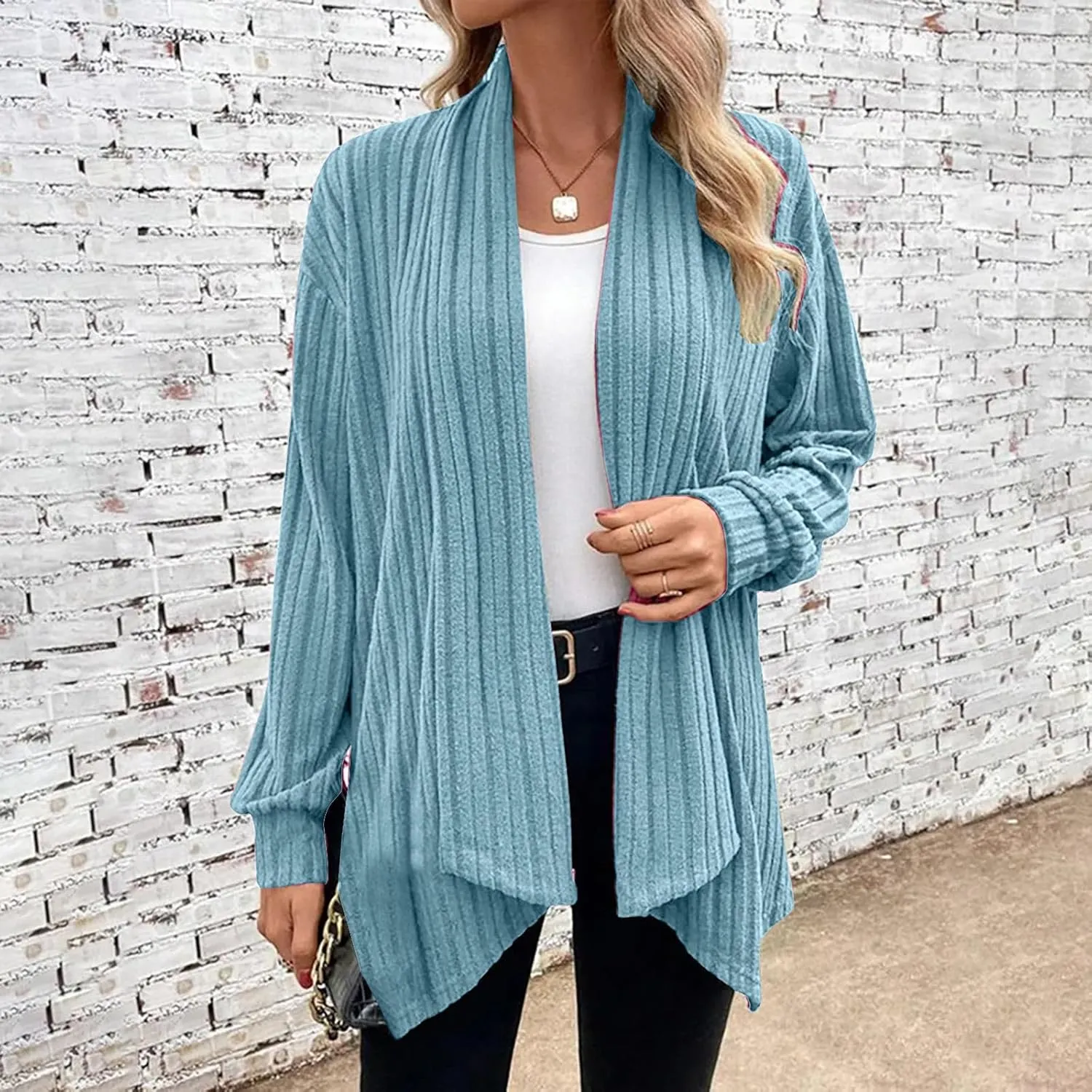 Ribbed Cardigan Women Dressy Irregular Hem Long Sleeve Striped Knit Sweater Open Front Loose Outerwear Loungewear