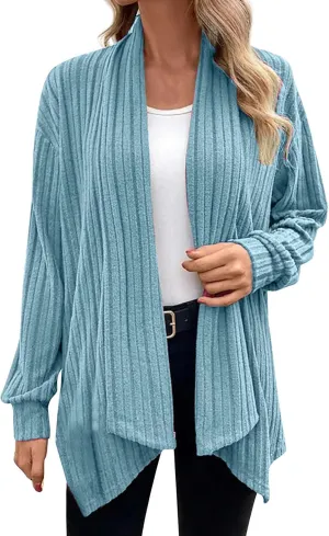 Ribbed Cardigan Women Dressy Irregular Hem Long Sleeve Striped Knit Sweater Open Front Loose Outerwear Loungewear