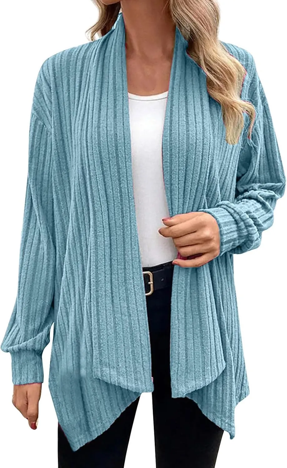 Ribbed Cardigan Women Dressy Irregular Hem Long Sleeve Striped Knit Sweater Open Front Loose Outerwear Loungewear