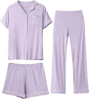 Rnxrbb 3 Pieces Postpartum Nursing Pajamas Set Button up Maternity Breastfeeding Pjs Top Pants Sleepwear Clothes for Women,Light Purple XL