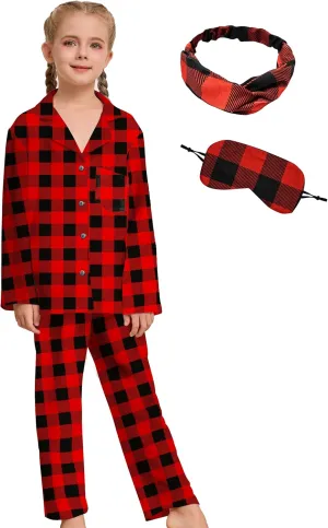 SEALINF Kids Girls Pajamas Long Short Sleeve Pjs 2 Piece Pj Set with Eye Mask Headband Button Down Sleepwear